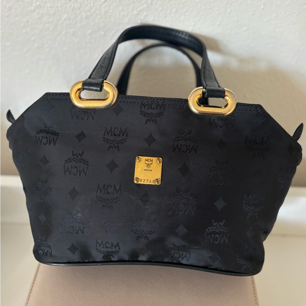 MCM Beautiful Black Nylon Top Handle Bag with Gold Accents